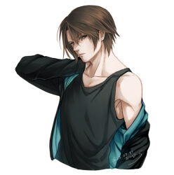 Rule 34 | 1boy, alternate costume, black jacket, black tank top, blue eyes, brown hair, commentary, cropped torso, dated, earrings, expressionless, final fantasy, final fantasy viii, hiryuu (kana h), jacket, jewelry, male focus, off shoulder, scar, scar on face, short hair, signature, simple background, single earring, single off shoulder, solo, squall leonhart, stud earrings, tank top, upper body, white background