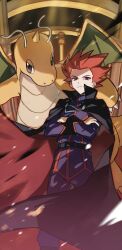 1boy belt black_belt black_cape cape closed_mouth creatures_(company) crossed_arms dragonite game_freak gen_1_pokemon highres jacket kienai_11 lance_(pokemon) long_sleeves male_focus nintendo pants pokemon pokemon_(creature) pokemon_hgss red_eyes red_hair short_hair smile spiked_hair standing