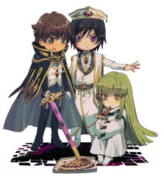 Rule 34 | 1girl, 2boys, :q, aoki (fumomo), black hair, boots, brown hair, c.c., cape, code geass, eating, food, food in mouth, gloves, green eyes, green hair, hat, kururugi suzaku, hugging own legs, lelouch vi britannia, long hair, multiple boys, outstretched arm, outstretched hand, pizza, purple eyes, short hair, sitting, sword, thigh boots, thighhighs, tongue, tongue out, weapon, yellow eyes