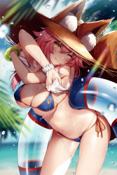 Rule 34 | 1girl, ;q, animal ear fluff, animal ears, beach, bikini, blue bikini, blurry, blurry background, blush, bracelet, breasts, brown eyes, cleavage, cloud, day, detexted, fate/grand order, fate (series), fox ears, fox tail, hat, highres, innertube, jewelry, large breasts, long hair, looking at viewer, navel, necomi, ocean, one eye closed, outdoors, pink hair, shirt, side-tie bikini bottom, signature, sky, smile, solo, sparkle, straw hat, sun hat, swim ring, swimsuit, tail, tamamo (fate), tamamo no mae (fate/extra), tamamo no mae (swimsuit lancer) (fate), third-party edit, tongue, tongue out, water, water drop, wet, wet clothes, wet shirt