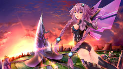 Rule 34 | 10s, 1girl, absurdres, ass, blue eyes, blush, braid, breasts, cleavage, cloud, dutch angle, flying, hair ornament, highres, large breasts, long hair, looking at viewer, muwa12, neptune (neptunia), neptune (series), purple hair, purple heart (neptunia), sky, smile, solo, symbol-shaped pupils, twin braids, v, very long hair