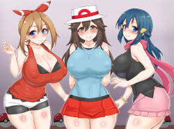 Rule 34 | 3girls, alternate breast size, arms behind back, bandana, bare shoulders, black shirt, black shorts, blue eyes, blue hair, blue shirt, blush, bracelet, breasts, brown hair, cleavage, closed mouth, collarbone, covered erect nipples, cowboy shot, creatures (company), dawn (pokemon), from side, game freak, gradient background, grey background, hair ornament, hairclip, hat, highres, huge breasts, jewelry, large breasts, leaf, leaf (pokemon), long hair, looking at viewer, may (pokemon), may (pokemon oras), miniskirt, multiple girls, nintendo, pink scarf, pink skirt, pleated skirt, pokemon, pokemon (game), pokemon dppt, pokemon oras, pokemon rgby, pokemon rse, red shirt, red skirt, scarf, seikonsuco2, shiny skin, shirt, short hair with long locks, shorts, shorts under shorts, simple background, skirt, sleeveless, smile, standing, thighhighs, white headwear, white shorts