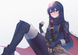 Rule 34 | 1girl, artist name, blue cape, blue eyes, blue gloves, boots, breasts, cape, commission, fingerless gloves, fire emblem, fire emblem awakening, gloves, gold trim, highres, lesu, looking at viewer, lucina (fire emblem), nintendo, ribbed legwear, ribbed pants, ribbed sweater, small breasts, smile, solo, sweater, sword, thigh boots, tiara, weapon, white background