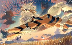 Rule 34 | arcanine, bright pupils, cloud, commentary request, creatures (company), fangs, from side, game freak, gen 1 pokemon, jumping, looking at viewer, looking down, nintendo, no humans, outdoors, p!k@ru, pokemon, pokemon (creature), rain, sky, solo, sun, white pupils