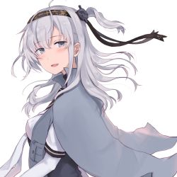 Rule 34 | 1girl, black headband, black sailor collar, bodysuit, clothes writing, grey jacket, hachimaki, hair between eyes, hair ornament, headband, highres, jacket, kantai collection, long hair, looking at viewer, one side up, open mouth, sailor collar, senbei (senbe i), silver hair, simple background, smile, solo, suzutsuki (kancolle), upper body, white background, white bodysuit