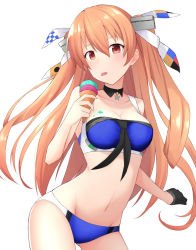 Rule 34 | 1girl, akahi242, bikini, blue bikini, breasts, cleavage, contrapposto, cowboy shot, eating, food, hair between eyes, highres, holding, holding food, ice cream, johnston (kancolle), kantai collection, light brown hair, long hair, looking at viewer, medium breasts, red eyes, sailor bikini, sailor collar, simple background, solo, swimsuit, tongue, tongue out, two side up, white background