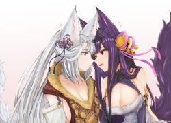 Rule 34 | 2girls, animal ears, bell, blue eyes, breasts, cleavage, detached sleeves, erune, eye contact, fang, fox ears, fox girl, fox tail, fur collar, gollizo, granblue fantasy, grin, hair bell, hair ornament, hair ribbon, heart, highres, long hair, looking at another, multiple girls, noses touching, one eye closed, purple hair, red eyes, ribbon, silver hair, skin fang, smile, societte (granblue fantasy), tail, very long hair, yuel (granblue fantasy)