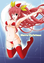 Rule 34 | 10s, 1girl, bikini, blush, breasts, cameltoe, christmas, fur-trimmed bikini, fur trim, hat, highres, large breasts, long hair, looking at viewer, merry christmas, navel, one eye closed, open mouth, rakudai kishi no cavalry, red bikini, red eyes, red hair, santa hat, solo, stella vermillion, swimsuit, thighhighs, twintails, very long hair, yajima index
