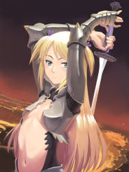 Rule 34 | 1girl, armor, arms up, blonde hair, breasts, green eyes, hair ribbon, long hair, looking at viewer, meow (nekodenki), metal gloves, midriff, navel, original, revealing clothes, ribbon, small breasts, solo, sword, two side up, very long hair, weapon