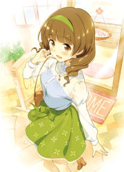 Rule 34 | 1girl, bag, blunt bangs, blush, brown eyes, brown hair, commentary request, from above, green skirt, hairband, handbag, looking at viewer, looking up, open mouth, original, ringlets, see-through, shirt, short hair, skirt, smile, solo, white shirt, zpolice