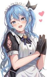 Rule 34 | + +, 1girl, absurdres, alternate costume, apron, black gloves, black shirt, blue eyes, blue hair, blush, bow, buttons, cross-laced clothes, cross-laced sleeves, enmaided, gloves, hair bow, heart, highres, hololive, hoshimachi suisei, hoshimachi suisei (school uniform), kaiwa, long hair, looking at viewer, maid, maid apron, maid headdress, one side up, open mouth, own hands together, shirt, smile, solo, star (symbol), star in eye, steepled fingers, symbol in eye, teeth, virtual youtuber, white apron