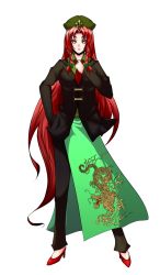 Rule 34 | 1girl, bad id, bad pixiv id, braid, dragon, female focus, formal, full body, fullpower, hat, high heels, highres, hong meiling, long hair, pants, red hair, shoes, solo, standing, suit, touhou, transparent background, twin braids