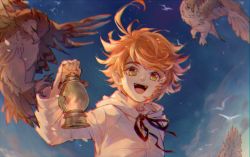 Rule 34 | 1girl, ahoge, bird, bow, commentary, emma (yakusoku no neverland), flying, green eyes, happy, holding, holding lantern, hood, hoodie, lamp, lantern, long sleeves, looking at viewer, neck tattoo, number tattoo, oil lamp, open mouth, orange hair, owl, short hair, sky, smile, solo, tattoo, teeth, tongue, wsr cao rong rong, yakusoku no neverland