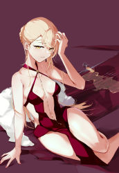 Rule 34 | 1girl, absurdres, alcohol, blonde hair, breasts, champagne, champagne flute, cleavage, cup, dress, drinking glass, full body, girls&#039; frontline, highres, holding, holding hair, long hair, looking at viewer, medium breasts, nail polish, official alternate costume, on floor, ots-14 (girls&#039; frontline), ots-14 (ruler of the banquet) (girls&#039; frontline), priest77, red dress, sitting, solo, spill, thighs, yellow eyes