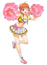 Rule 34 | 1girl, a1 (initial-g), ahoge, bandeau, beret, boots, braid, cheerleader, clover hair ornament, commentary request, cropped jacket, cross-laced footwear, full body, hair ornament, hat, lace-up boots, looking at viewer, love live!, love live! sunshine!!, midriff, open mouth, orange hair, pleated skirt, pom pom (cheerleading), red eyes, ribbon, short hair, side braid, simple background, skirt, smile, solo, standing, takami chika, white background, white footwear, white hat, white skirt, wristband, yellow ribbon
