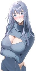 Rule 34 | 1girl, absurdres, blue eyes, blue hair, blush, breasts, cleavage, cleavage cutout, closed mouth, clothing cutout, crossed arms, highres, hip vent, large breasts, light blue hair, looking at viewer, meme attire, original, raitho, sleeves past wrists, solo, virgin killer sweater, white background