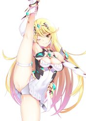 Rule 34 | 1girl, blonde hair, breasts, chest jewel, cleavage, cleavage cutout, close-up, clothing cutout, daive, highres, large breasts, leg up, mythra (xenoblade), nintendo, one eye closed, panties, skindentation, split, standing, standing on one leg, standing split, underwear, white panties, xenoblade chronicles (series), xenoblade chronicles 2, yellow eyes
