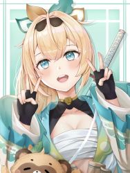 Rule 34 | 1girl, :d, black gloves, blonde hair, blue eyes, blush, breasts, chest sarashi, cleavage, double v, fingerless gloves, gloves, hair ornament, hands up, haori, highres, hololive, holox, japanese clothes, kazama iroha, kimono, leaf hair ornament, looking at viewer, open mouth, pokobee, ponytail, sarashi, simple background, smile, teeth, upper body, upper teeth only, v, virtual youtuber, white kimono, wide sleeves, yuheng-art