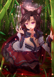 Rule 34 | 1girl, animal ears, bamboo, bamboo forest, between breasts, blood, blood on face, blood splatter, blood on clothes, breasts, brooch, brown hair, cleavage, dripping, dunceneygak, forest, frills, full moon, fur, glowing, glowing eyes, highres, imaizumi kagerou, jewelry, kneeling, large breasts, long hair, looking at viewer, moon, nail polish, nature, night, pink eyes, red eyes, red moon, skirt, sky, solo, star (sky), starry sky, tail, touhou, very long fingernails, werewolf, wolf ears, wolf tail