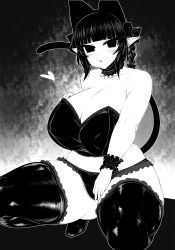 Rule 34 | 1girl, alternate costume, animal ears, bare shoulders, black bow, black thighhighs, blunt bangs, blush, bow, braid, breasts, cat ears, cat tail, cleavage, covered erect nipples, extra ears, full body, greyscale, hair bow, hair ribbon, haseru (ginku mh), heart, huge breasts, kaenbyou rin, looking at viewer, midriff, monochrome, multiple tails, nekomata, pointy ears, ribbon, simple background, solo, squatting, tail, thick thighs, thighhighs, thighs, touhou, tress ribbon, triangle mouth, tsurime, twin braids, twintails, two tails