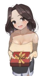 Rule 34 | 1girl, absurdres, binu (nadenade), blush, box, breasts, brown eyes, brown hair, cleavage, collarbone, eyebrows, gift, gift box, grey skirt, highres, holding, holding gift, large breasts, long hair, long sleeves, looking at viewer, open mouth, original, ribbon, simple background, skirt, sleeves past wrists, smile, solo, tan, teeth, upper teeth only, white background, yellow ribbon