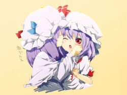Rule 34 | 2girls, blush, capelet, dress, closed eyes, female focus, hand on another&#039;s cheek, hand on another&#039;s face, hat, hat ribbon, lefthand, licking, multiple girls, open mouth, patchouli knowledge, purple hair, red eyes, remilia scarlet, ribbon, embodiment of scarlet devil, touhou, upper body, wink, yuri