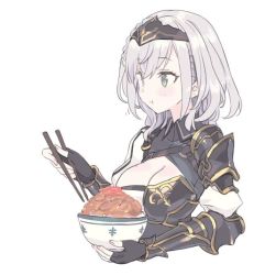 Rule 34 | 1girl, armor, black gloves, blade (galaxist), blush, bowl, braid, breastplate, breasts, chopsticks, circlet, cleavage, cleavage cutout, clothing cutout, eating, fingerless gloves, food, gloves, gold trim, green eyes, gyuudon, holding, holding bowl, holding chopsticks, hololive, large breasts, medium hair, mole, mole on breast, puffy sleeves, shirogane noel, shirogane noel (1st costume), shoulder armor, simple background, solo, upper body, virtual youtuber, white background, white hair
