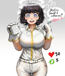 Rule 34 | 1girl, :d, ?, absurdres, azazel (helltaker), belt, black hair, blue eyes, blunt bangs, blush, bob cut, breasts, bright pupils, collared shirt, commentary, cowboy shot, cross, embarrassed, english commentary, excited, gloves, gradient background, grey background, hair ribbon, hairband, halo, hands up, heart, helltaker, highres, holding, holding notebook, holding pen, khester824, large breasts, left-handed, like and retweet, looking at viewer, looking down, meme, neck ribbon, nervous, nervous sweating, nose blush, notebook, open mouth, pants, pen, raised eyebrows, ribbon, shirt, short hair, short sleeves, sidelocks, simple background, smile, solo, speech bubble, spoken blush, standing, sweat, teeth, thigh gap, twitter strip game (meme), twitter username, undone neck ribbon, upper teeth only, w arms, white belt, white gloves, white hairband, white pants, white pupils, white ribbon, white shirt