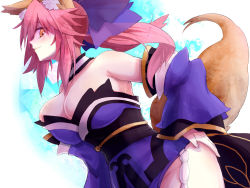 Rule 34 | 10s, 1girl, animal ears, bare shoulders, bow, breasts, cleavage, curvy, detached sleeves, fate/extra, fate (series), fox ears, fox tail, hair bow, hair ribbon, huge breasts, japanese clothes, orange eyes, pink hair, ribbon, solo, tail, tamamo no mae (fate/extra), thick thighs, thighs, twintails, wide hips, yellow eyes, yude