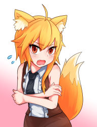 Rule 34 | 1girl, animal ear fluff, animal ears, asymmetrical hair, bare shoulders, black necktie, blonde hair, blush, breasts, brown eyes, brown skirt, brown vest, collared shirt, commentary request, cookie (touhou), cowboy shot, fang, flying sweatdrops, fox ears, fox girl, fox tail, highres, long hair, looking at viewer, miramikaru riran, necktie, open mouth, pink background, shirt, short sleeves, sidelocks, skirt, sleeveless, sleeveless shirt, small breasts, solo, tail, vest, white shirt, yan pai