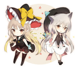 Rule 34 | 2girls, :d, animal ears, black dress, black hat, black legwear, black sailor collar, blonde hair, blush, bow, brown eyes, chibi, closed mouth, dress, ear down, hat, hat bow, looking at viewer, lpip, multiple girls, open mouth, original, sailor collar, silver hair, smile, standing, thighhighs, white dress, witch hat, yellow bow