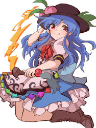 Rule 34 | 1girl, black hat, blue hair, blue skirt, boots, bow, bowtie, brown footwear, closed mouth, cross-laced footwear, food, fruit, hat, highres, hinanawi tenshi, lace-up boots, leaf, long hair, looking at viewer, mugi (mugimugi 9kv), peach, red bow, red bowtie, red eyes, short sleeves, simple background, skirt, smile, solo, sword of hisou, tongue, tongue out, touhou, white background