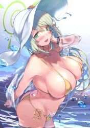 Rule 34 | 1girl, ass, bare shoulders, bikini, blonde hair, blue archive, blush, braid, breasts, collarbone, commentary request, day, green eyes, hair between eyes, halo, halterneck, hand on own face, hat, huge breasts, kibii mocha, long hair, looking at viewer, micro bikini, nonomi (blue archive), nonomi (swimsuit) (blue archive), open mouth, outdoors, see-through, see-through shirt, side-tie bikini bottom, skindentation, smile, solo, string bikini, sun hat, swimsuit, thong bikini, very long hair, water, water drop, white hat, yellow bikini