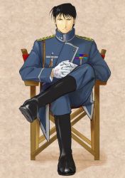 Rule 34 | 1boy, bad id, bad pixiv id, black eyes, black hair, boots, brown background, chair, expressionless, fullmetal alchemist, gloves, interlocked fingers, crossed legs, looking at viewer, male focus, military, military uniform, roy mustang, serious, shaded face, short hair, simple background, sitting, solo, uniform