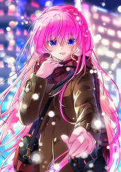 Rule 34 | 1girl, :d, black gloves, blue eyes, blurry, blurry background, braid, brown coat, coat, floating hair, gloves, hair between eyes, highres, hihooo, holding hands, long hair, long sleeves, looking at viewer, megurine luka, night, open mouth, outdoors, pink hair, pov, red scarf, scarf, smile, standing, very long hair, vocaloid, white gloves, winter, winter clothes, winter coat