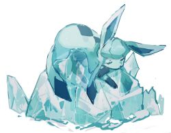 Rule 34 | aisutabetao, blue fur, blue tail, closed eyes, creatures (company), game freak, gen 4 pokemon, glaceon, highres, ice crystal, nintendo, on ice, pointy ears, pokemon, pokemon (creature), simple background, solo, white background
