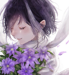 Rule 34 | 1girl, black hair, bouquet, closed eyes, closed mouth, crying, ear piercing, eyelashes, flower, highres, holding, mole, mole under eye, multicolored hair, original, petals, piercing, purple flower, purple hair, sameukiwa, scarf, short hair, simple background, smile, solo, streaked hair, tears, upper body, white background