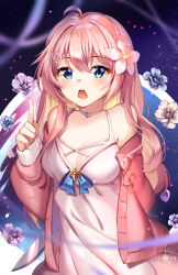 Rule 34 | 1girl, ahoge, artist name, bare shoulders, blue bow, blue eyes, blue flower, blush, bow, breasts, brown flower, brown hair, choker, cleavage, commentary, copyright request, dress, flower, hair between eyes, hair flower, hair ornament, hairclip, hand up, highres, index finger raised, jacket, knife, long hair, long sleeves, looking at viewer, medium breasts, multicolored hair, off shoulder, open clothes, open jacket, open mouth, pink flower, pink hair, pink jacket, purple flower, sleeveless, sleeveless dress, sleeves past wrists, solo, squchan, teeth, treble clef, two-tone hair, upper teeth only, very long hair, white choker, white dress