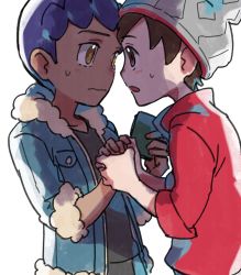 Rule 34 | 2boys, beanie, black shirt, blue jacket, blush, brown eyes, brown hair, cable knit, commentary request, creatures (company), dark-skinned male, dark skin, eye contact, face-to-face, fur-trimmed jacket, fur trim, game freak, grey headwear, hand grab, hat, hop (pokemon), jacket, looking at another, male focus, multiple boys, nintendo, open mouth, pokemon, pokemon swsh, purple hair, red shirt, shirt, short hair, simple background, suruga dbh, sweatdrop, victor (pokemon), white background, yellow eyes