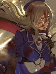 Rule 34 | 1girl, artist request, atago (kancolle), aupt31, black gloves, blonde hair, blood, blood in hair, blood in mouth, blood on face, blue dress, blue eyes, blue headwear, bow, bowtie, check artist, commentary request, dress, evil smile, fighting stance, gloves, highres, injury, kantai collection, long hair, looking to the side, rigging, scarf, shirt, smile, turret, white shirt