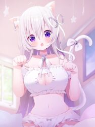 Rule 34 | 1girl, ahoge, animal ears, bare shoulders, bell, bow, bra, breasts, cat cutout, cat ears, cat lingerie, cat tail, choker, cleavage, cleavage cutout, clothing cutout, detached sleeves, deyui, frilled bra, frills, hair ribbon, hands up, highres, indie virtual youtuber, jingle bell, kemonomimi mode, large breasts, long hair, looking at viewer, meme attire, micro shorts, midriff, naito mare (vtuber), navel, open mouth, paw pose, purple eyes, ribbon, ribbon choker, second-party source, shorts, solo, spaghetti strap, stomach, strap slip, string bra, tail, tail bow, tail ornament, underwear, very long hair, virtual youtuber, white bra, white choker, white hair, white shorts