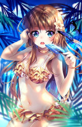 Rule 34 | 1girl, :o, artist name, bare arms, bare shoulders, bikini, bikini skirt, blue eyes, blue sky, blurry, blurry background, blurry foreground, blush, breasts, brown hair, bug, butterfly, choker, cleavage, cloud, cowboy shot, day, depth of field, flower, food, frilled bikini, frills, hair flower, hair ornament, hands up, heart, highres, holding, holding food, bug, light particles, long hair, looking at viewer, medium breasts, navel, open mouth, orange bikini, orange choker, original, palm leaf, popsicle, sky, solo, squchan, standing, stomach, sunlight, swimsuit, tree shade, white flower