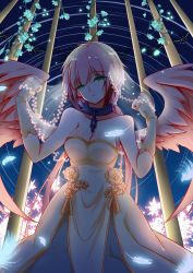 Rule 34 | 1girl, android, angel, angel wings, bare shoulders, breasts, chain, cleavage, collar, collarbone, dress, green eyes, highres, hq (876704940), ikaros, large breasts, long hair, looking at viewer, multicolored hair, open mouth, pink hair, red hair, robot ears, short hair, solo, sora no otoshimono, twintails, very long hair, wings