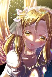 Rule 34 | 1girl, alternate hairstyle, artist name, artist request, blonde hair, blush, bow, bracelet, braid, breasts, brown eyes, choker, cleavage, collarbone, crown braid, dress, female focus, hair ornament, hair rings, hairband, highres, jewelry, long hair, long sleeves, looking at viewer, love live!, love live! school idol festival, love live! sunshine!!, next sparkling!!, ohara mari, parted lips, ponpon rabbit, puffy short sleeves, puffy sleeves, shirt, short hair, short sleeves, small breasts, smile, solo, star (symbol), star hair ornament, white choker, white hairband, wings, yellow bow, yellow dress, yellow eyes
