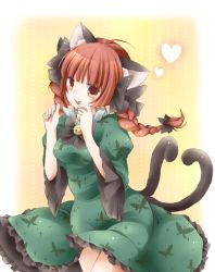 Rule 34 | 1girl, animal ears, braid, cat ears, cat girl, cat tail, female focus, heart, kaenbyou rin, long hair, long sleeves, multiple tails, open mouth, puffy sleeves, red hair, solo, tail, tamichan, touhou, twin braids, wide sleeves