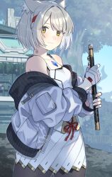 Rule 34 | 1girl, animal ears, blush, breasts, camisole, cat ears, chest jewel, flute, grey hair, highres, instrument, jacket, kinagi (3307377), looking at viewer, mio (xenoblade), pantyhose, short hair, simple background, skirt, small breasts, smile, solo, tank top, white camisole, white hair, white jacket, white skirt, white tank top, xenoblade chronicles (series), xenoblade chronicles 3, yellow eyes