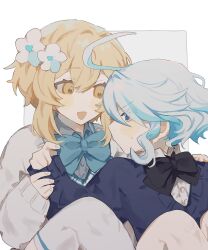 Rule 34 | 2girls, :d, ahoge, alternate costume, black bow, blonde hair, blue bow, blue eyes, blue hair, blue sweater, border, bow, bowtie, closed mouth, collared shirt, flower, furina (genshin impact), genshin impact, grey background, grey sweater, hair flower, hair ornament, highres, holding another&#039;s wrist, inagoinaire, knees up, long sleeves, looking at another, lumine (genshin impact), multicolored hair, multiple girls, open mouth, outside border, school uniform, shirt, short hair, sidelocks, simple background, sitting, sleeves past wrists, smile, streaked hair, sweat, sweater, white border, white flower, white hair, white shirt, wing collar, yellow eyes, yuri