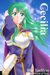 Rule 34 | 1girl, cecilia (fire emblem), character name, cloud, copyright name, eyebrows, female focus, fire emblem, green eyes, green hair, hissaa (starlight express), matching hair/eyes, nintendo, sky, solo
