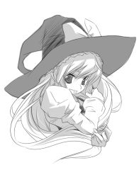 Rule 34 | 1girl, female focus, greyscale, grin, hat, hermmy, kirisame marisa, monochrome, simple background, smile, solo, touhou, upper body, white background