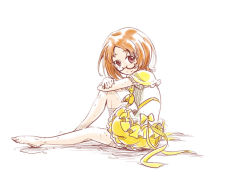 Rule 34 | 1girl, adapted costume, barefoot, bow, brown hair, cosplay, cure muse, cure muse (yellow), cure muse (yellow) (cosplay), full body, glasses, layered skirt, looking at viewer, looking over eyewear, miniskirt, nita (onakatohoppe), parted bangs, precure, red eyes, semi-rimless eyewear, shirabe ako, shirt, short hair, short sleeves, simple background, sitting, sketch, skirt, smile, solo, suite precure, under-rim eyewear, wet, white background, white shirt, yellow bow, yellow skirt